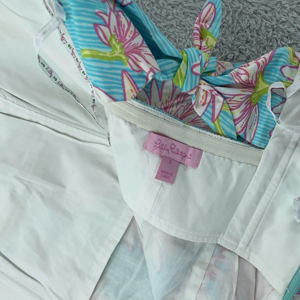 Lilly Pulitzer Strapless Dress Womens 2 Blue Pink Floral Bow Back‎ Sundress Mini - Picture 10 of 10